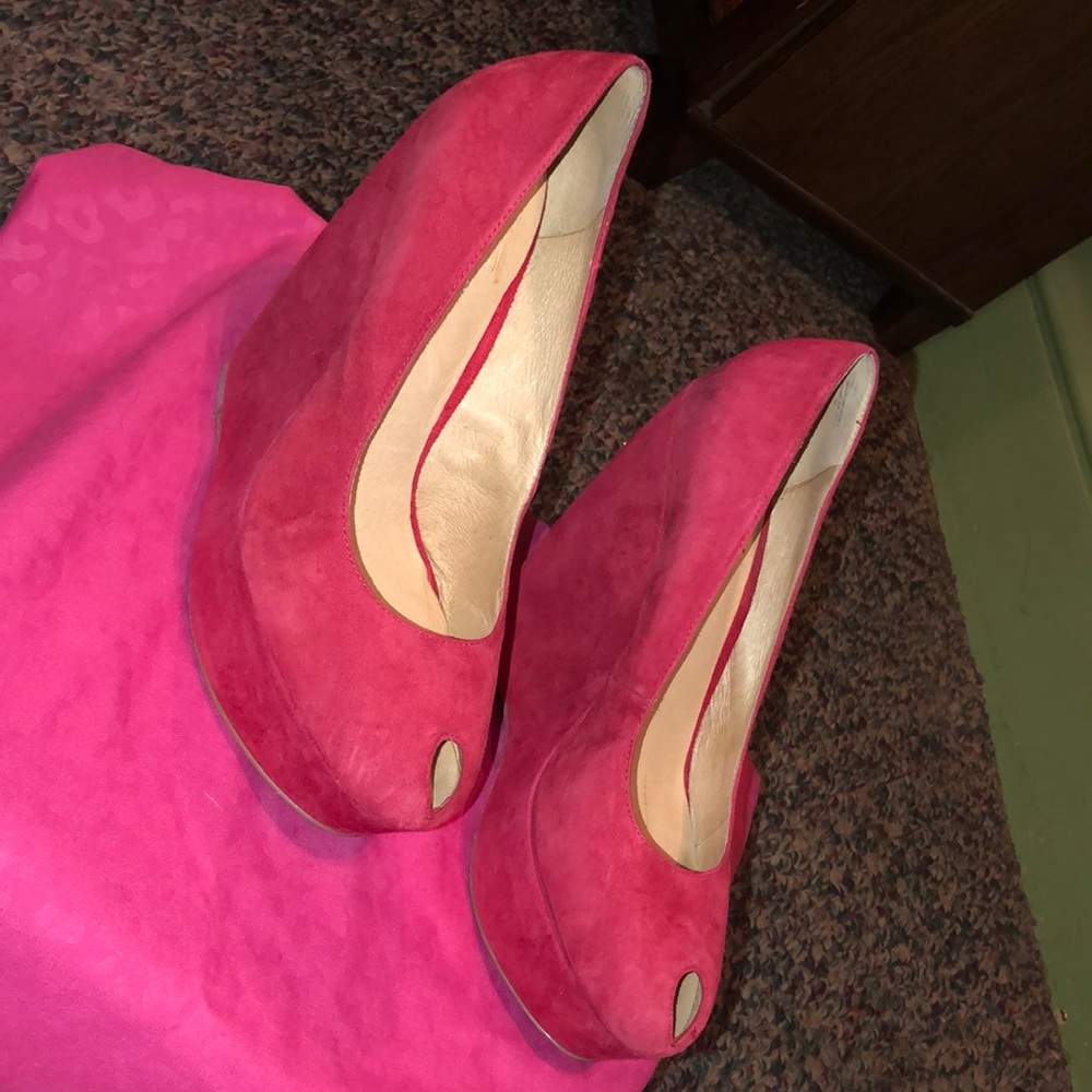 Red Suede (Abrego) platform peep toe pumps